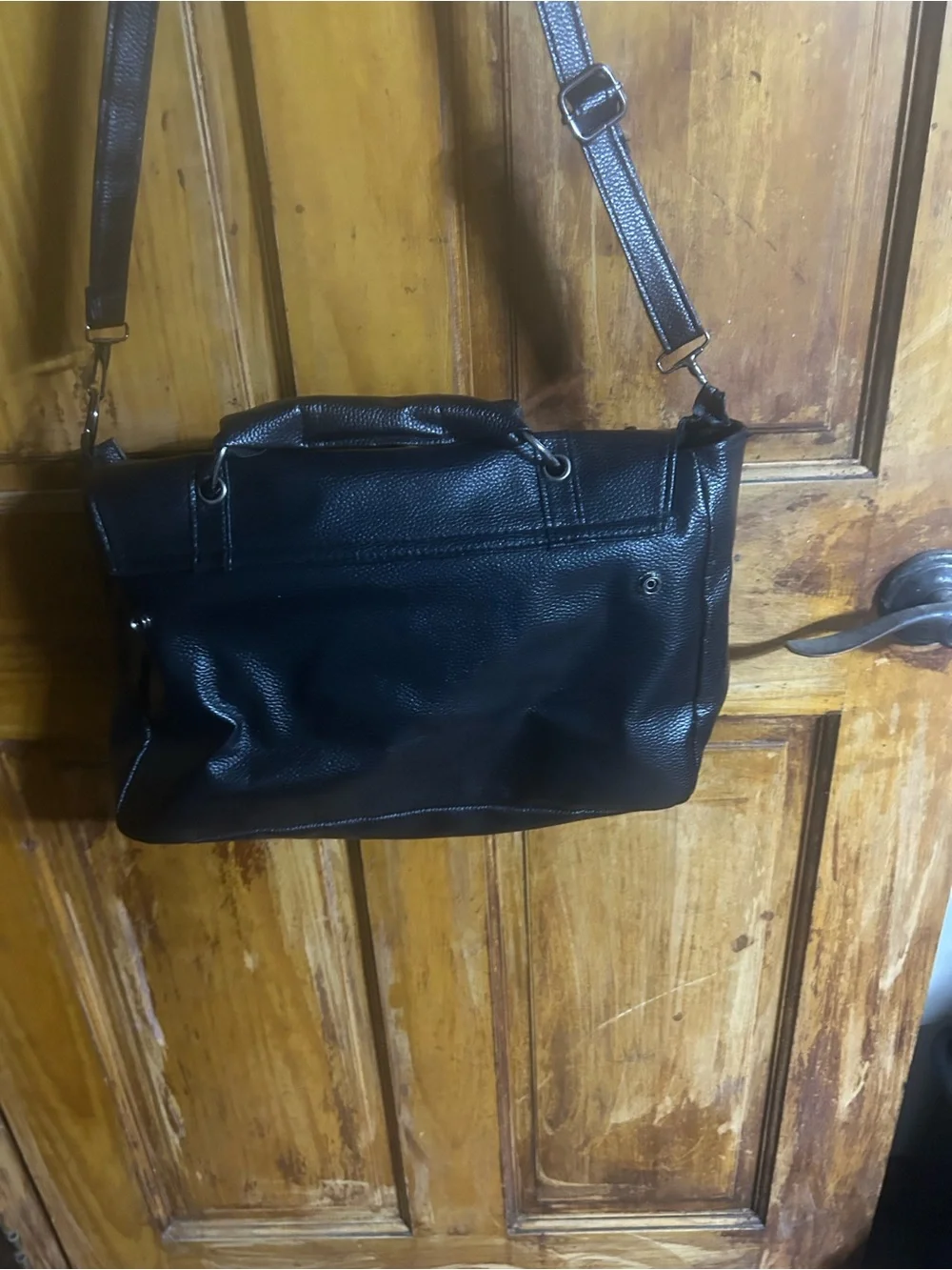 Black Unisex Leather Studded Satchel Bag with Skull Emblem